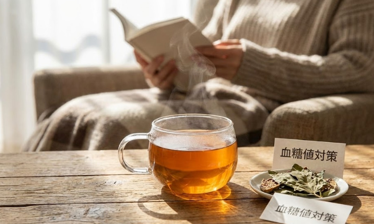 血糖値対策に最適な琥珀色のいちじくの葉茶。リラックスしたティータイムの風景。